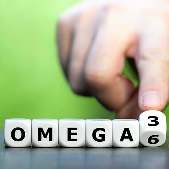 Omega-3 und -6-Fettsäuren Würfel mit Buchstaben - ergibt Wort Omega.3/-6