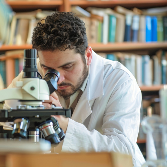 Ein Wissenschaftler untersucht eine Probe unter dem Mikroskop