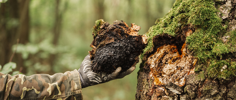 Hand erntet Chaga-Pilz von einer Birke