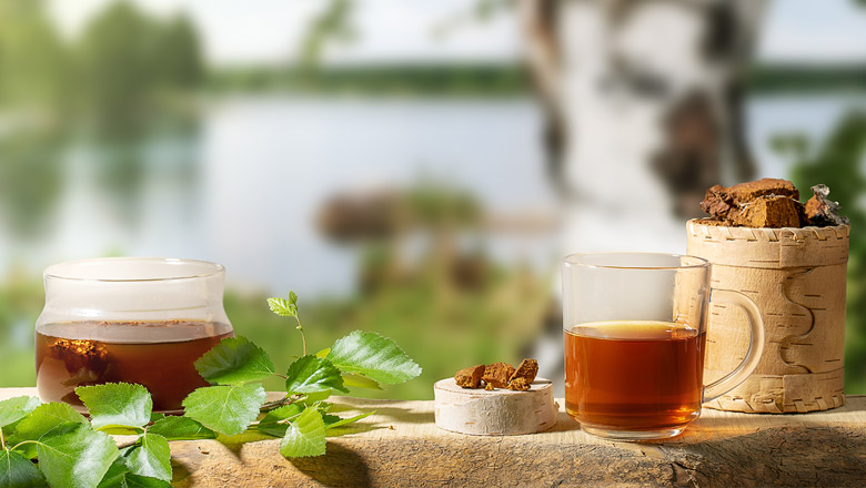 Teekanne mit Chaga-Tee und Chaga-Stücke